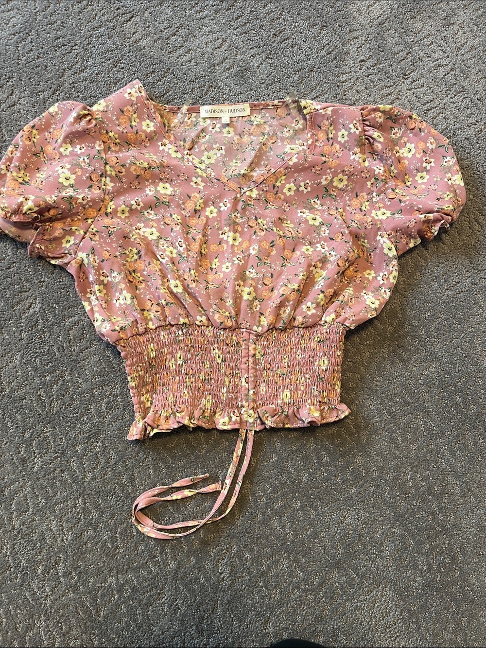 Pink Floral Smocked Waist Cropped Puff Sleeve Top